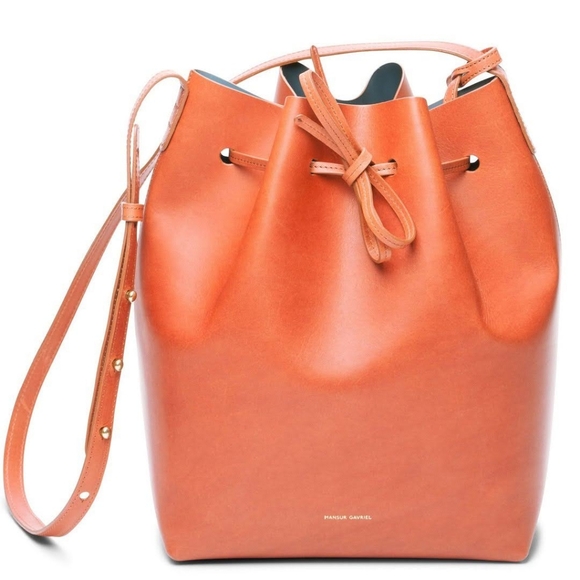NWT Mansur Gavriel drawstring bucket leather bag in Brandy, Azure Interior - Picture 13 of 13